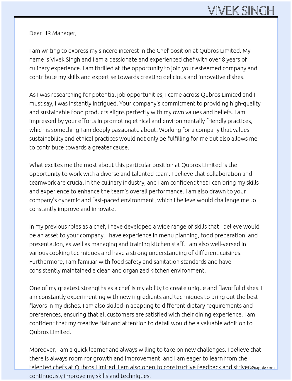 Chef At Qubros limited Cover Letter