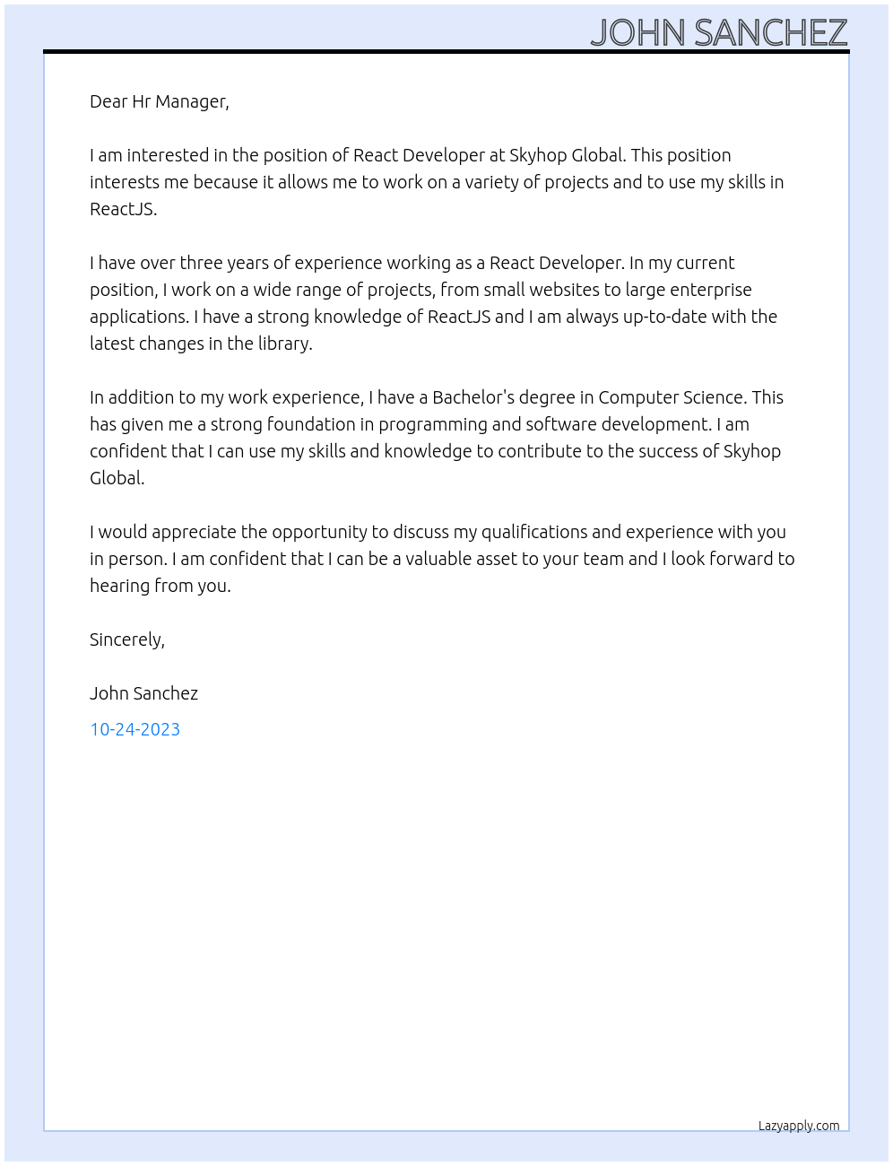 React Developer At Skyhop Global Cover Letter