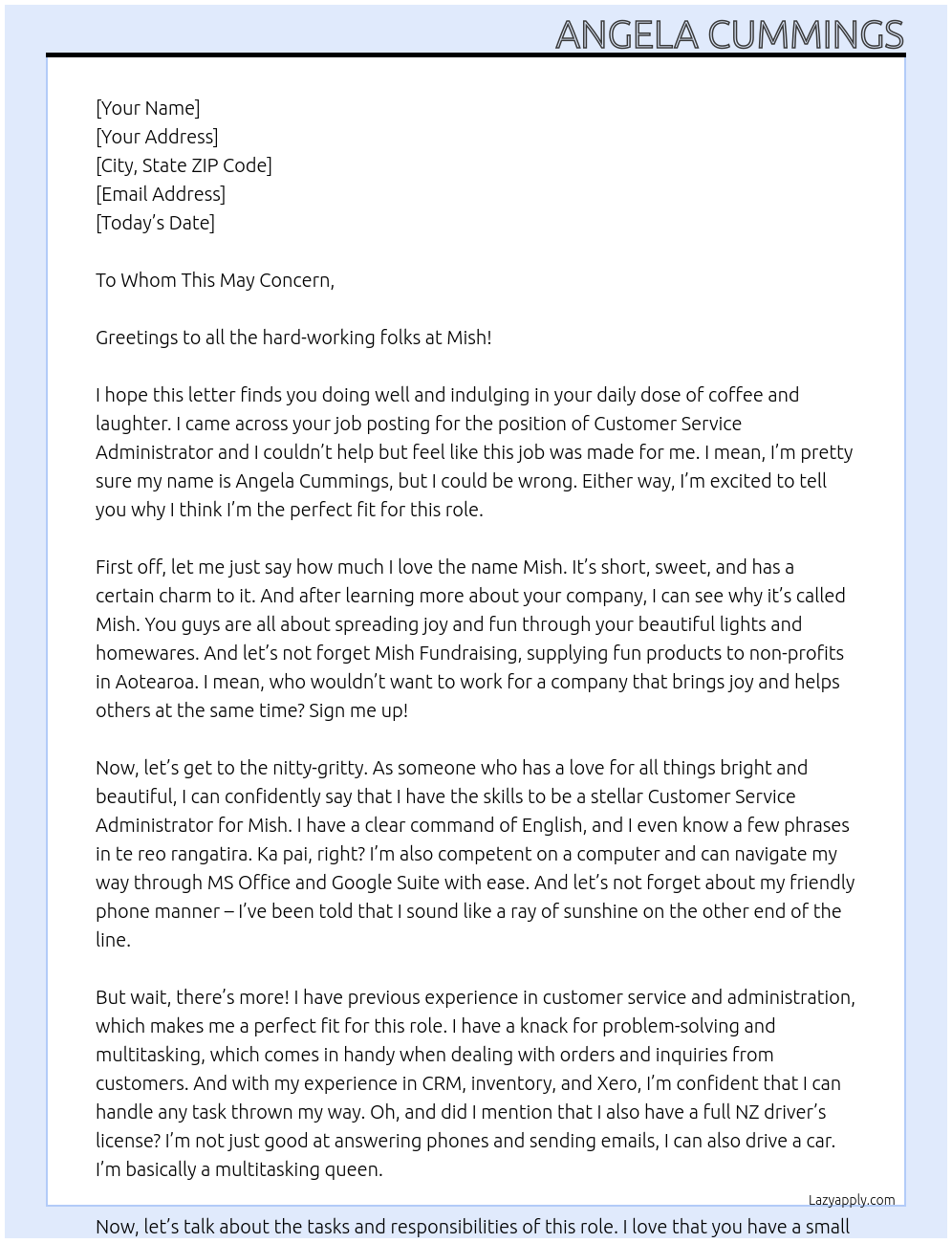 Customer Service Administrator At Mish Cover Letter