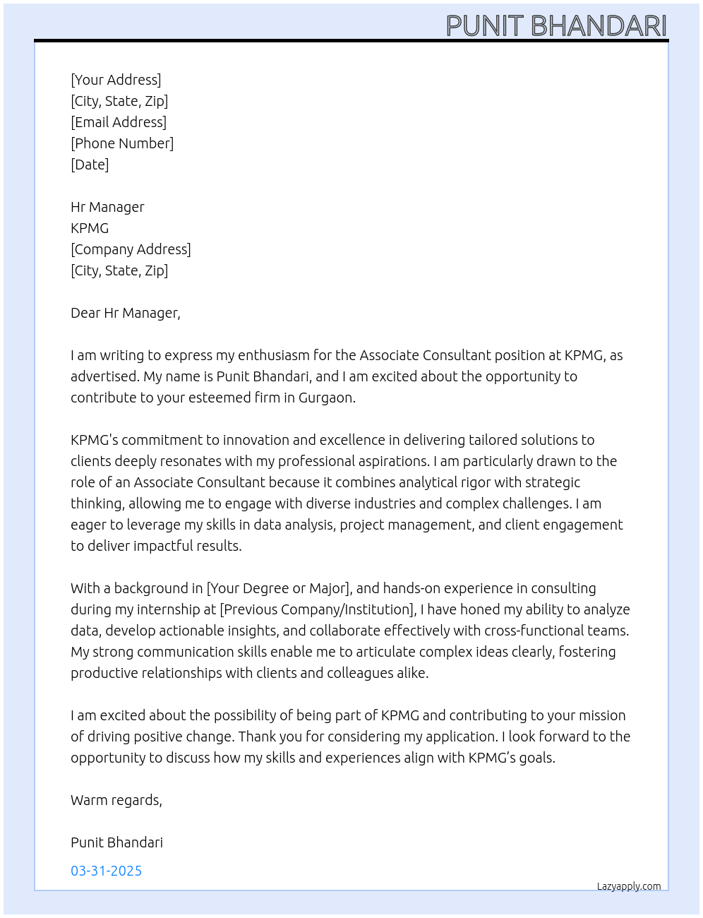 Associate consultant At KPMG Cover Letter