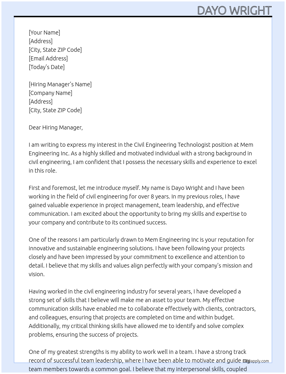 civil engineering technologist At Mem Engineering Inc Cover Letter