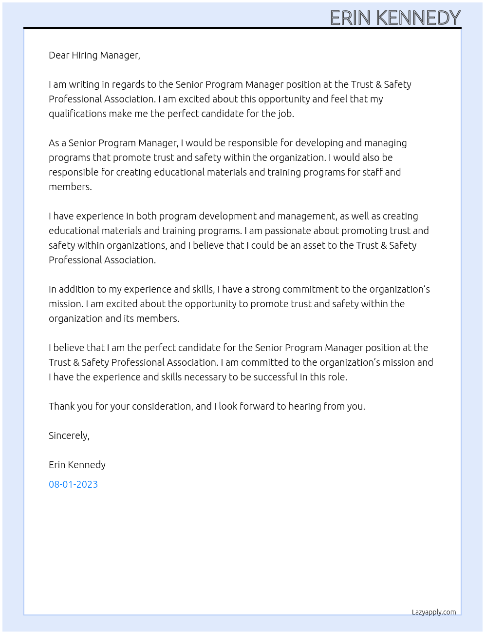 Senior Program Manager At Trust & Safety Professional Association Cover Letter