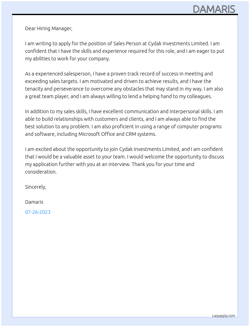 Sales Person At Cydak Investments Limited Cover Letter