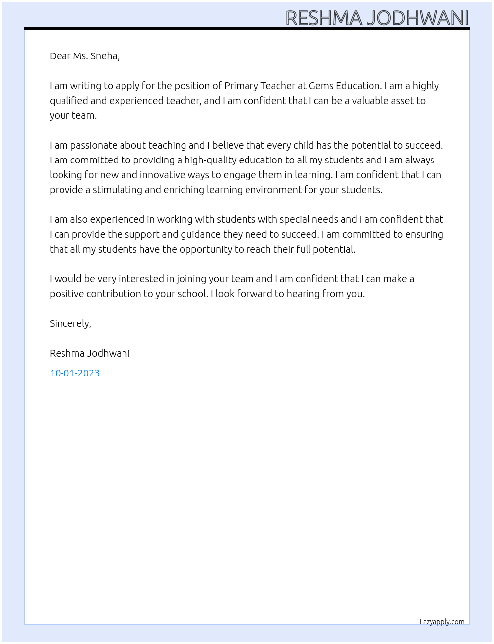 Primary Teacher At Gems Education Cover Letter