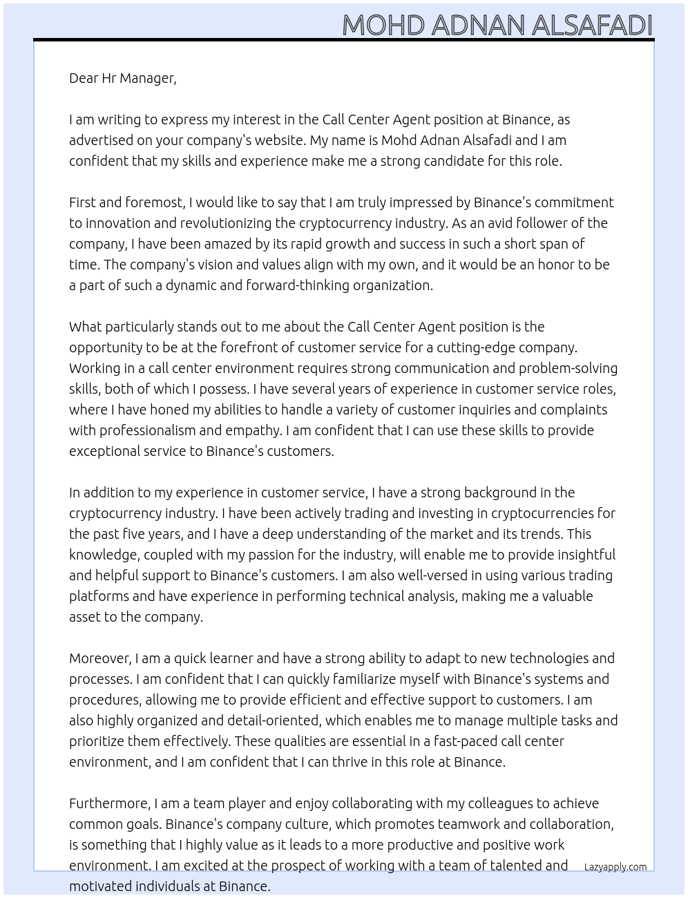 call center agent At Binance Cover Letter