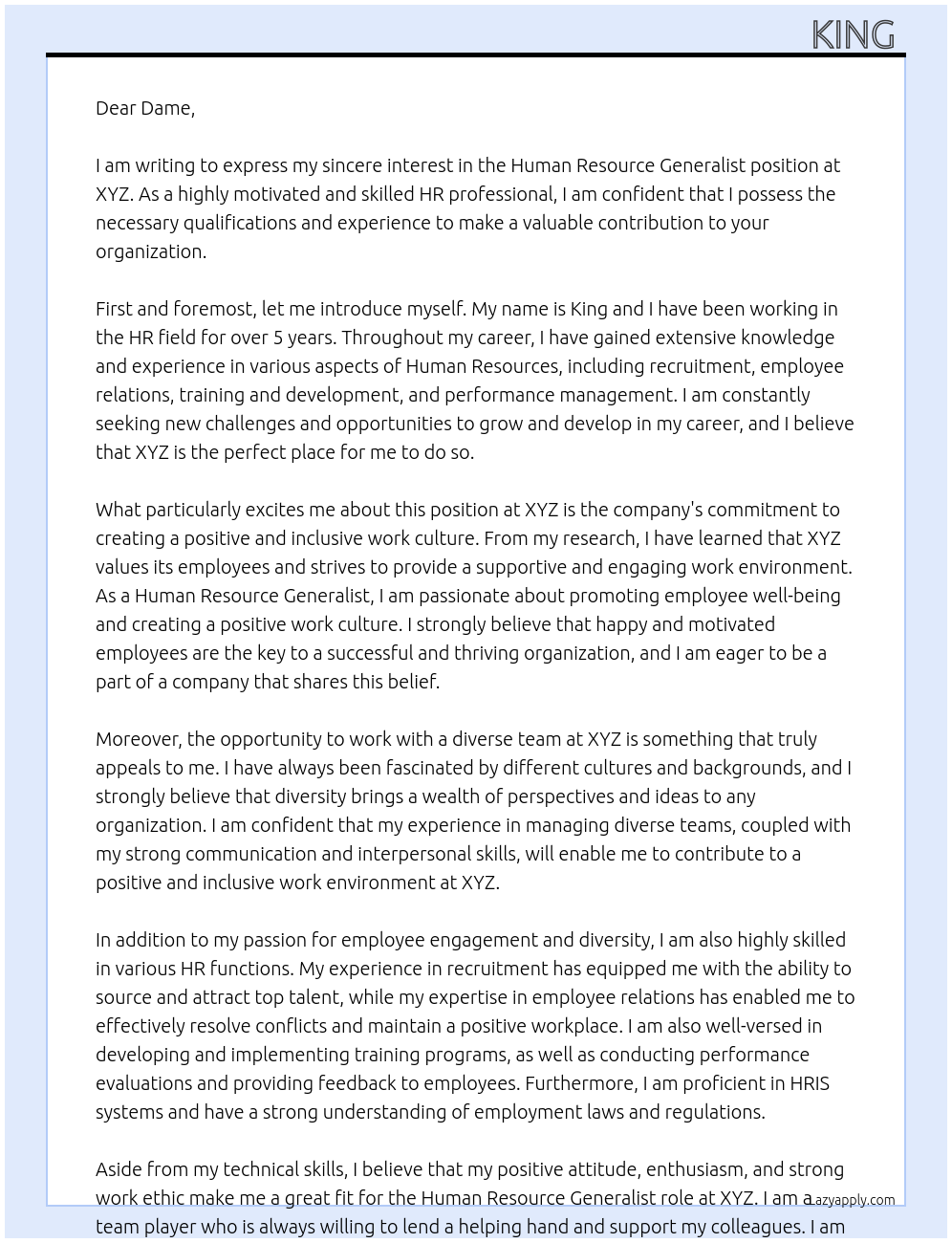 Human Resource Generalist At Xyz Cover Letter