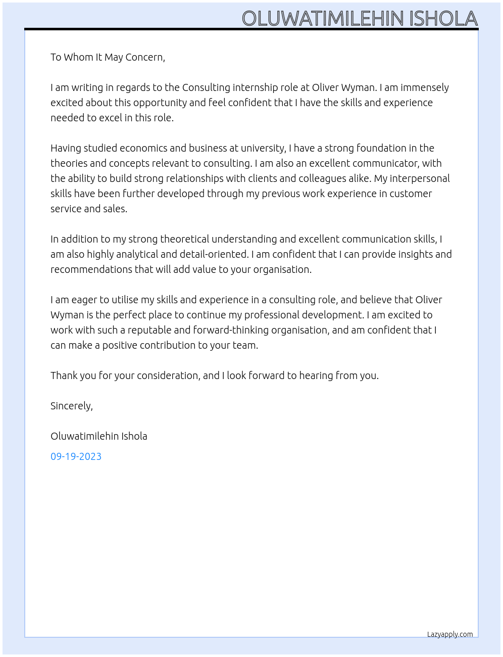 Consulting At Oliver Wyman Cover Letter