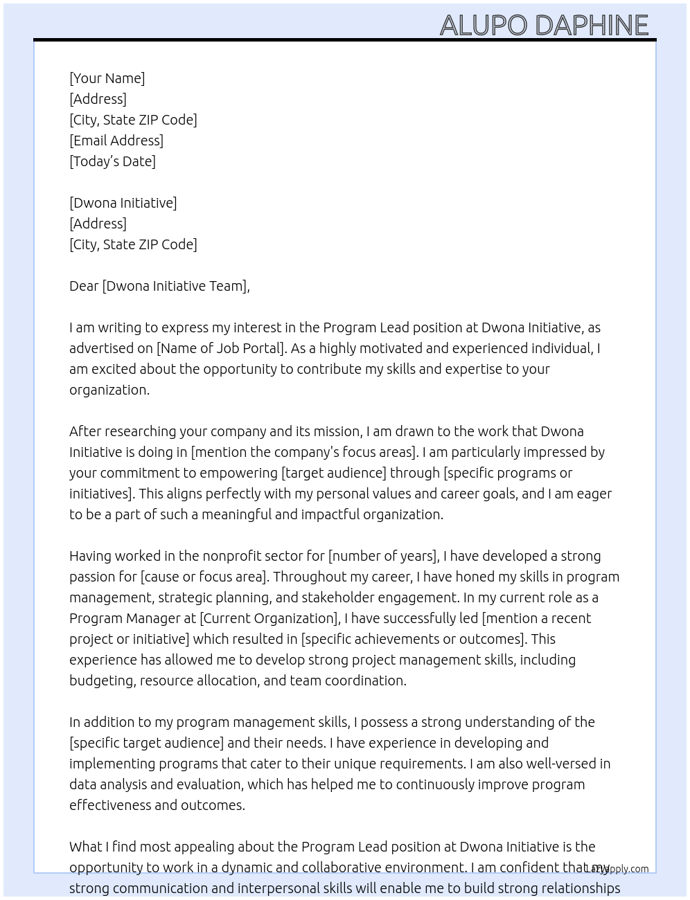 Program Lead  At Dwona Initiative  Cover Letter