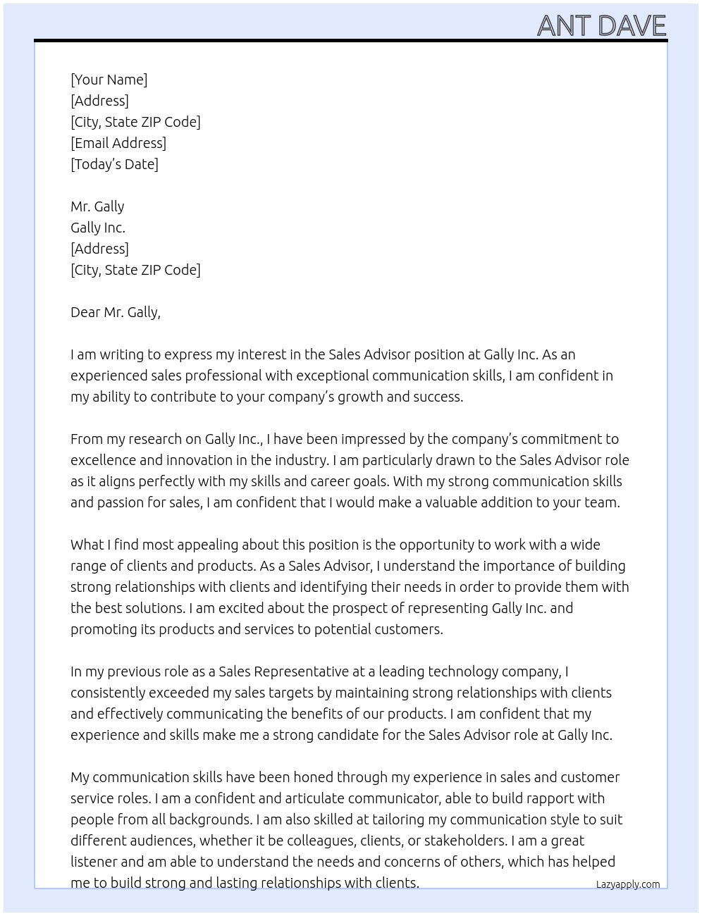Sales Advisor At Gally Inc Cover Letter