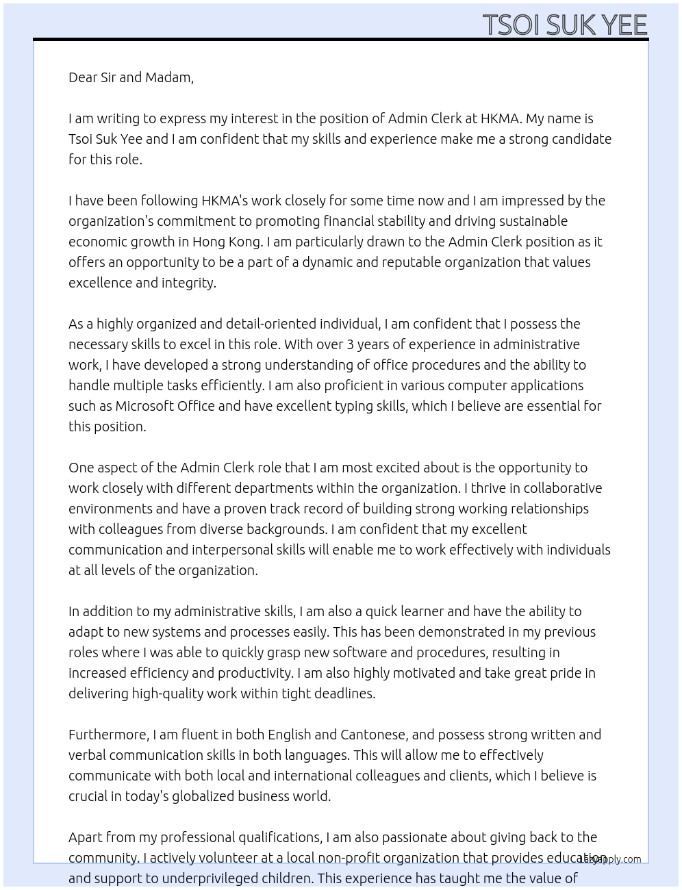 Admin Clerk At HKMA Cover Letter