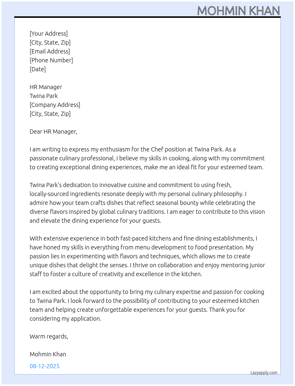 Chef At Twina park Cover Letter