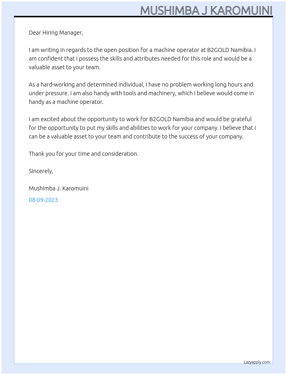 Machine Operator At B2GOLD NAMIBIA Cover Letter