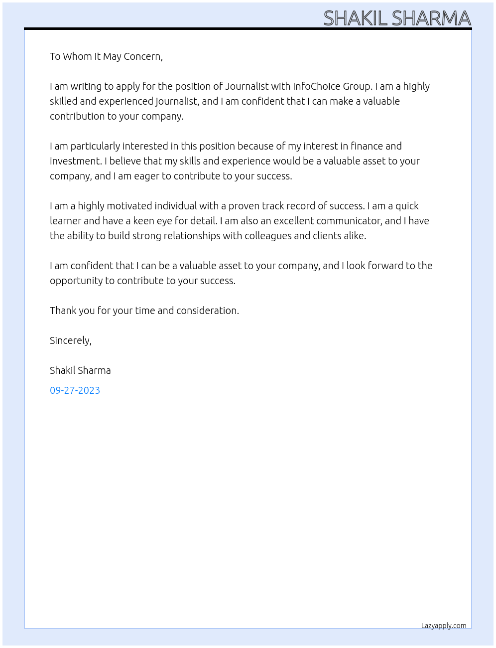 Journalist At InfoChoice Group Cover Letter