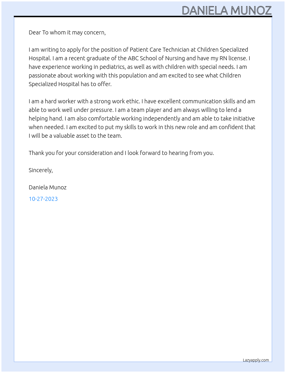 Patient Care Technician  At Children Specialized Hospital  Cover Letter