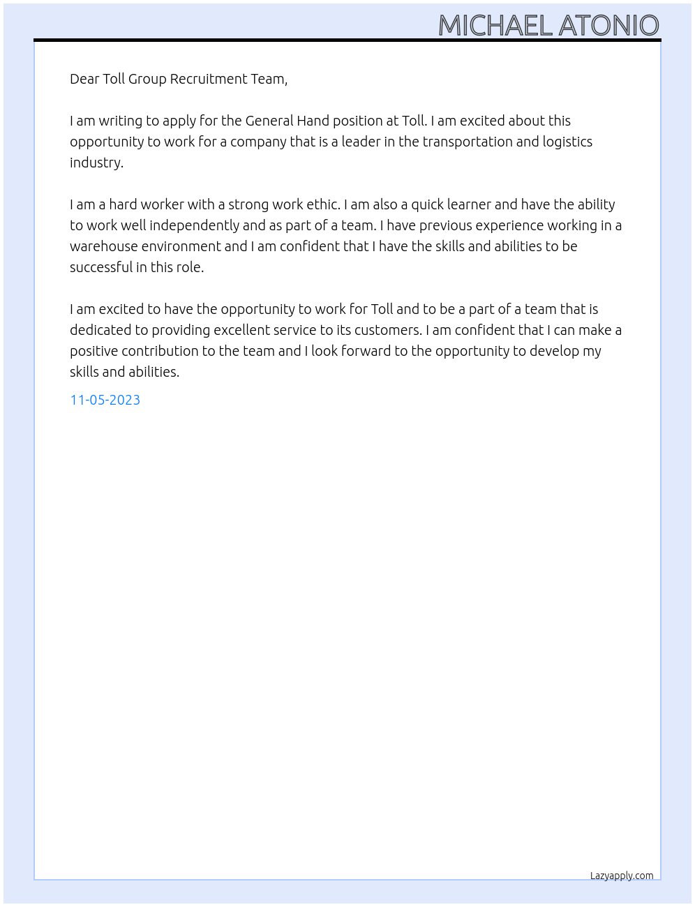 General Hand At Toll Cover Letter