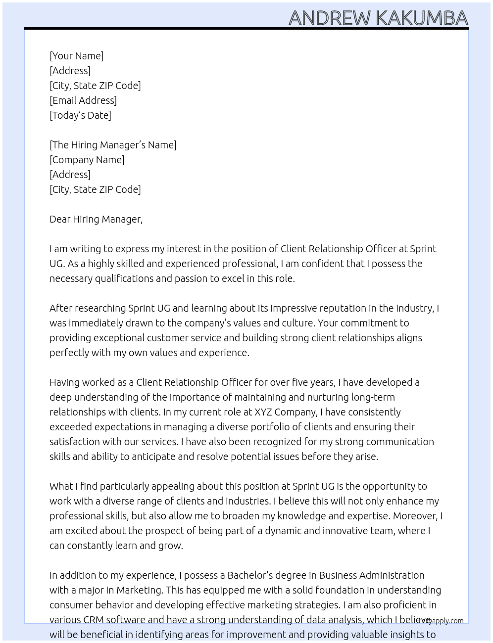 Client Relationship Officer At Sprint UG Cover Letter