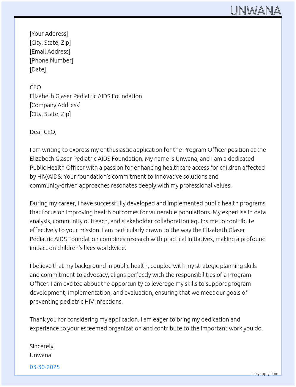 Program officer At Elizabeth Glaser Pediatric aid foundation Cover Letter