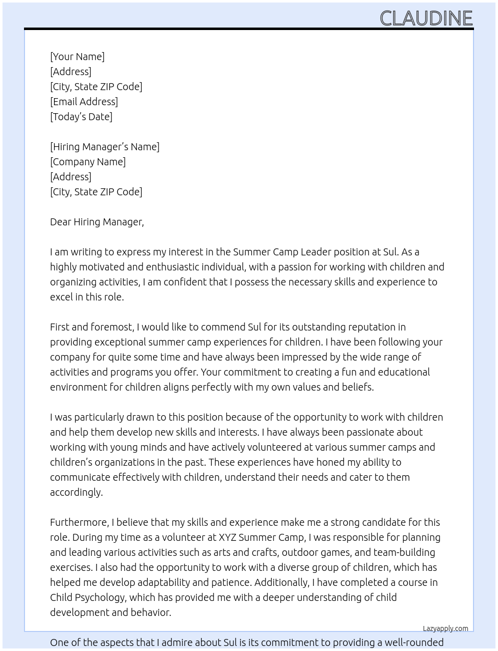 Summer Camp Leader At Sul Cover Letter