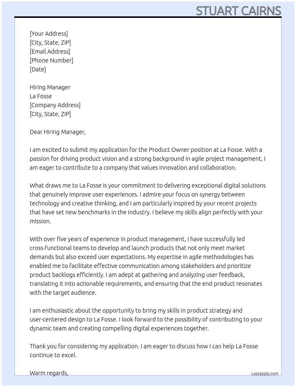 Product Owner At La Fosse Cover Letter