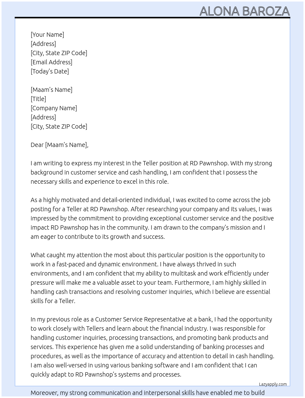 Teller At Rd pawnshop Cover Letter