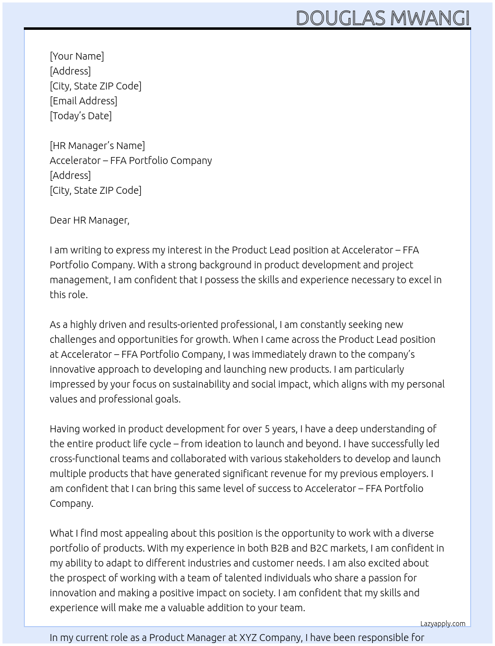 Product Lead At Accelerator – FFA Portfolio Company Cover Letter