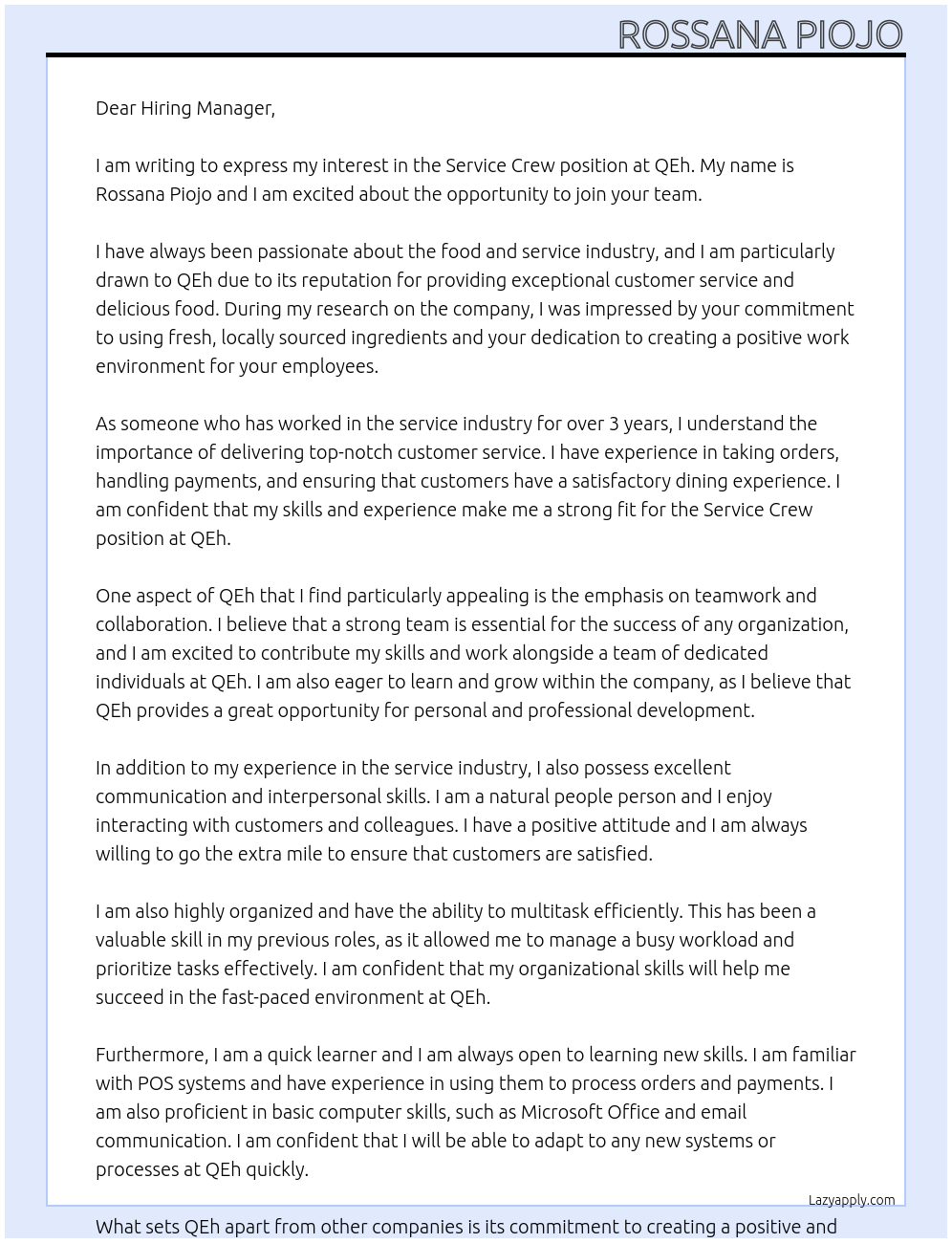 Service crew At QEh Cover Letter