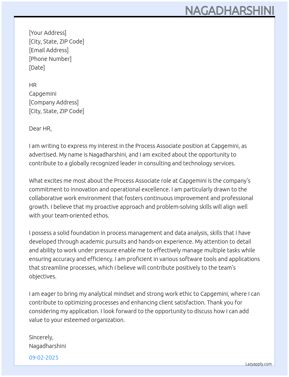 process associate At Capegemini Cover Letter