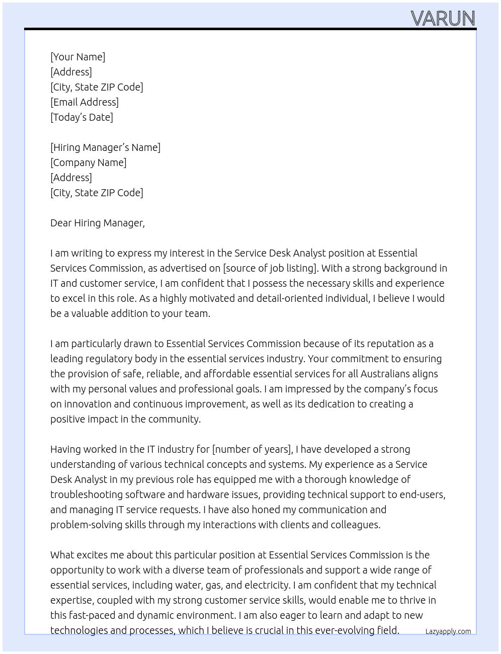 Service desk analyst At essential services commission Cover Letter