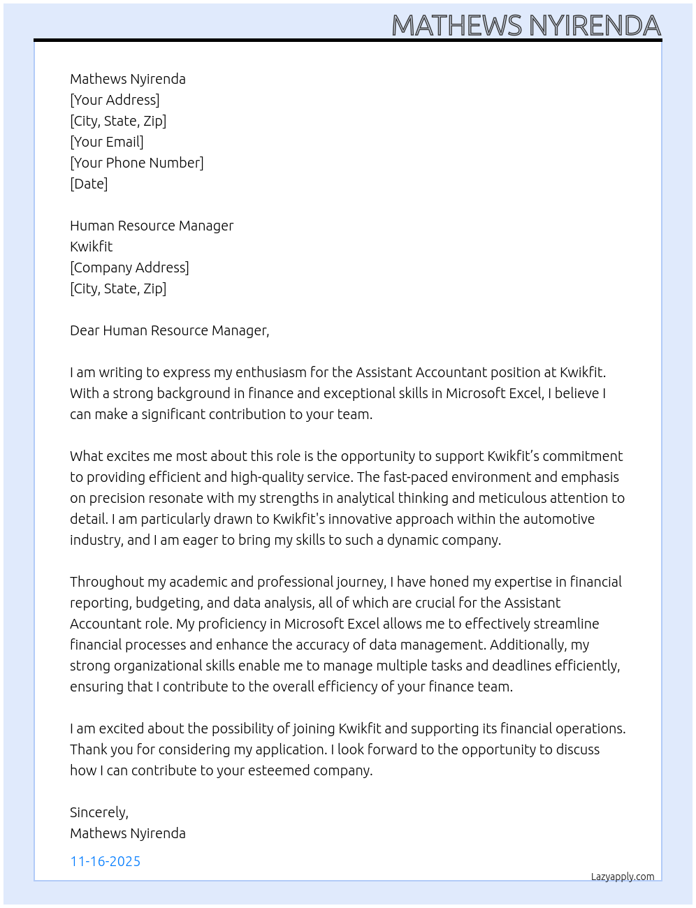 Assistant Accountant At Kwikfit Cover Letter