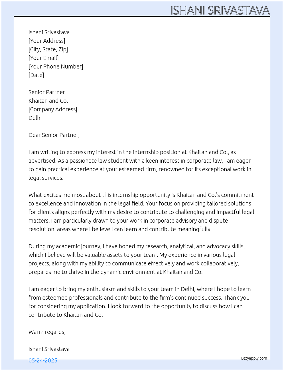 intern At Khaitan and CO. Cover Letter