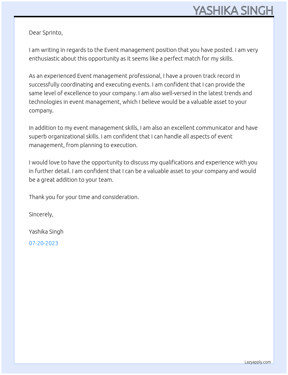 Event management At Sprinto Cover Letter