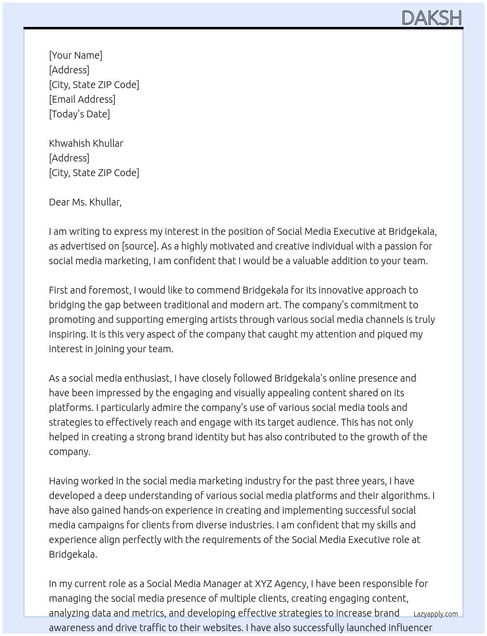 social media executive At bridgekala Cover Letter