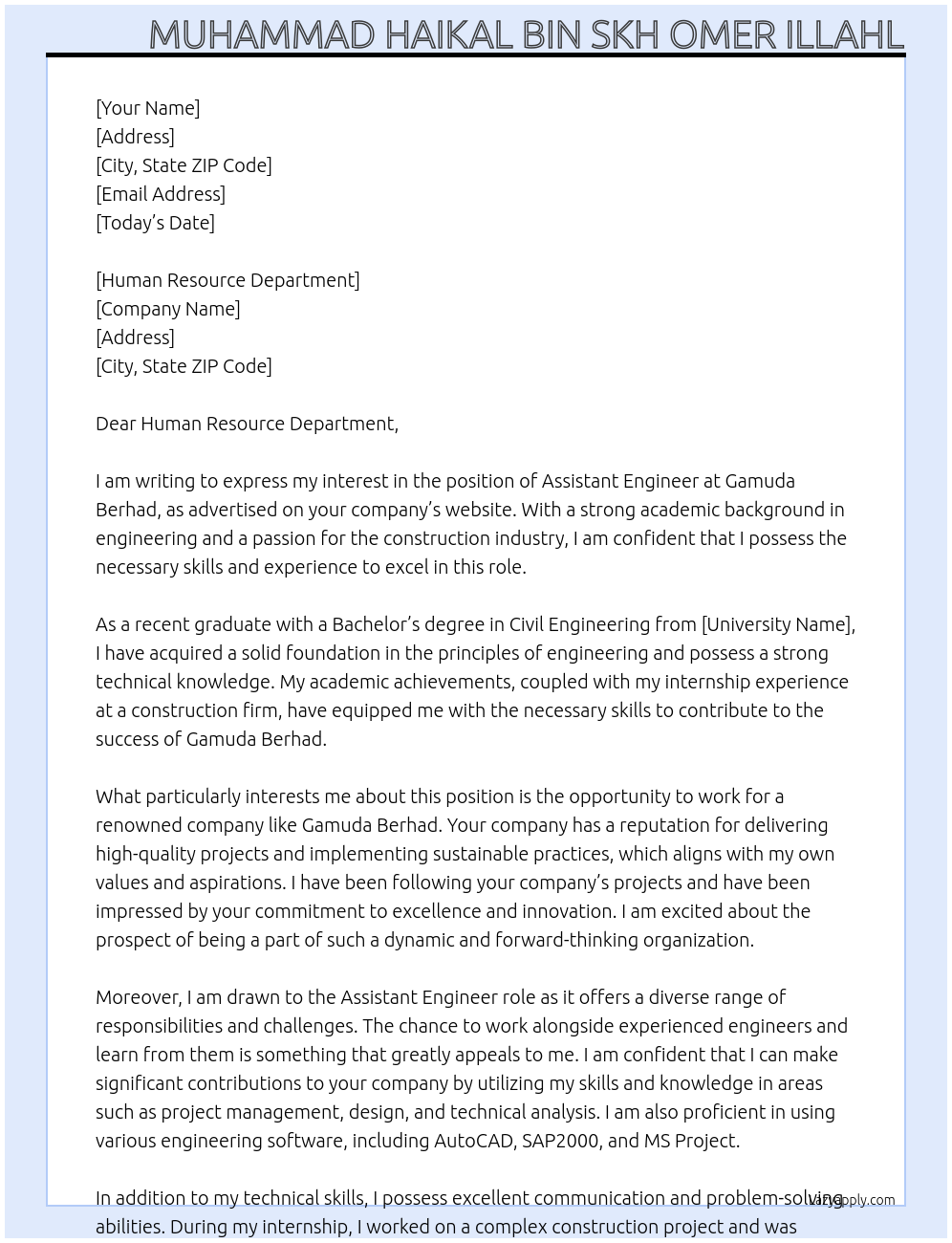 assistant engineer At gamuda berhad Cover Letter