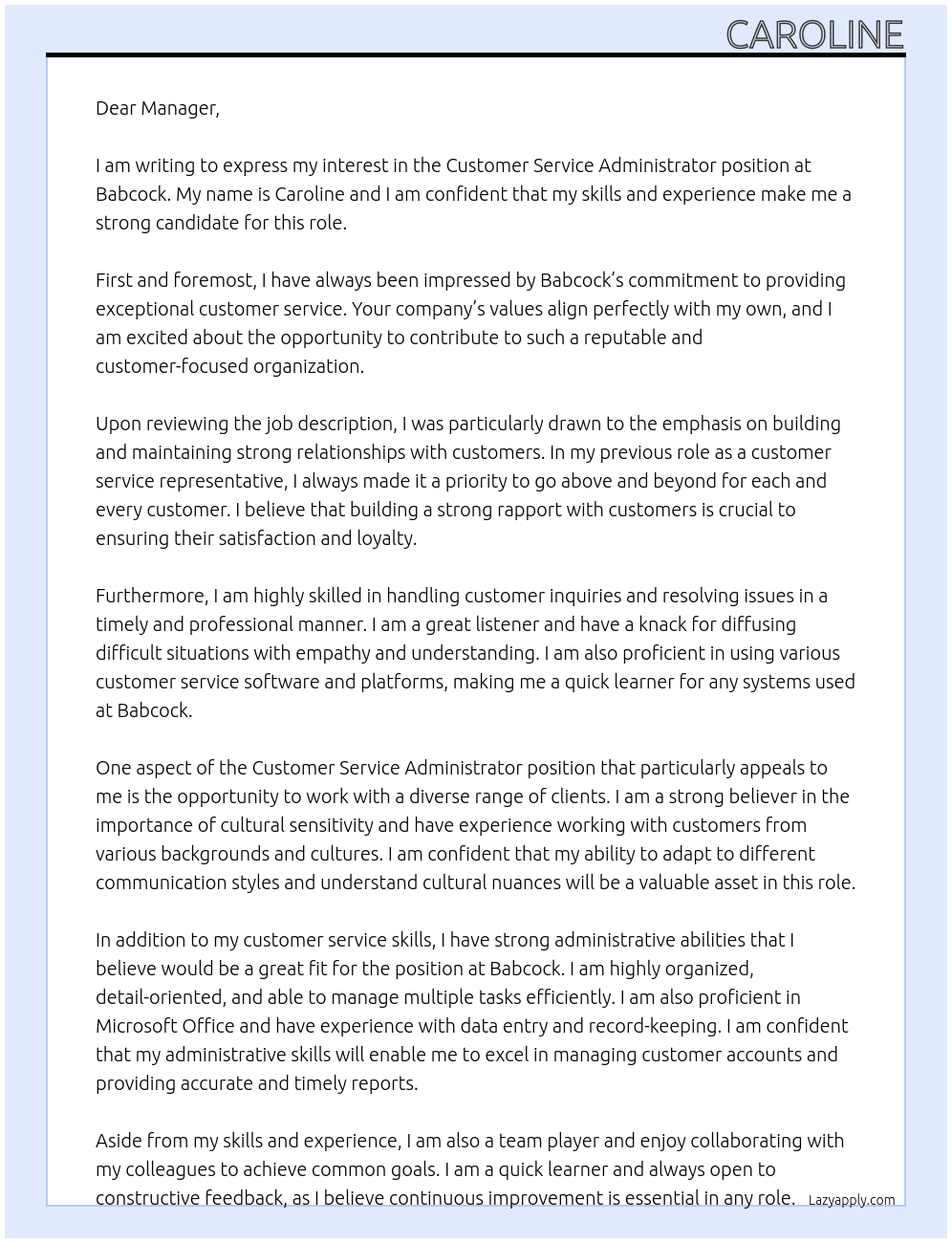 Customer service administrator  At Babcock Cover Letter