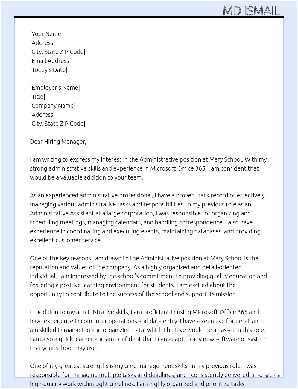 Administrative  At Mary school  Cover Letter