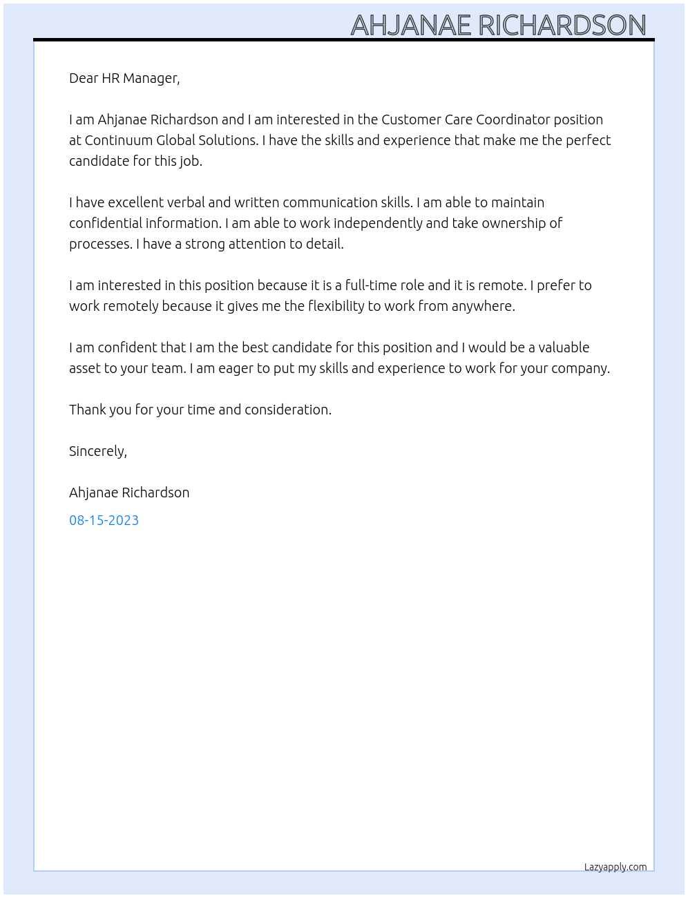 Customer Care Coordinator At Continuum Global Solutions Cover Letter