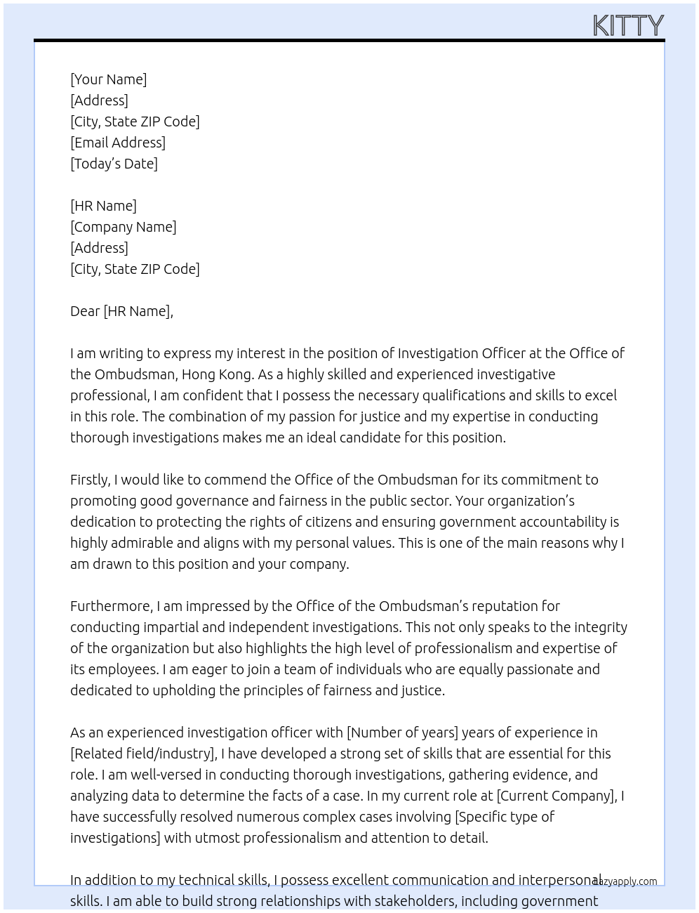 Investigation officer At the Office of The Ombudsman, Hong Kong Cover Letter