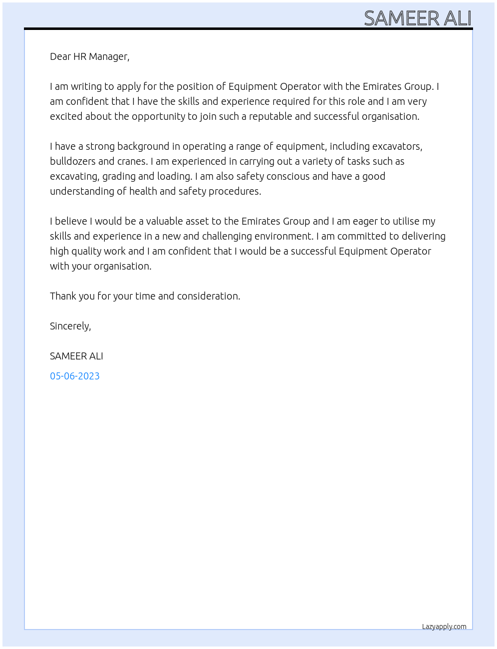 Equipment Operator At Emirates Group Cover Letter