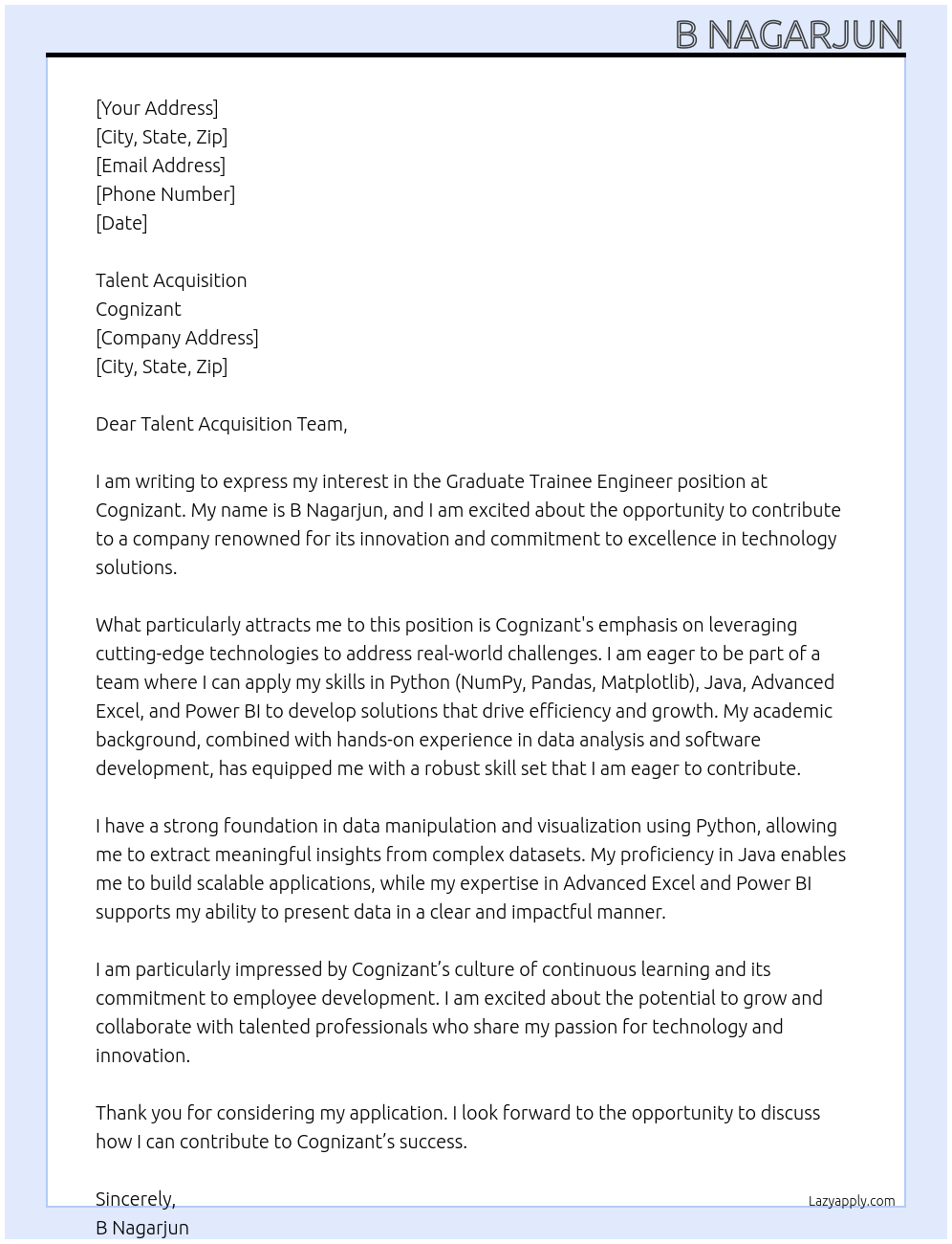 Graduate Trainee Engineer At Cognizant Cover Letter