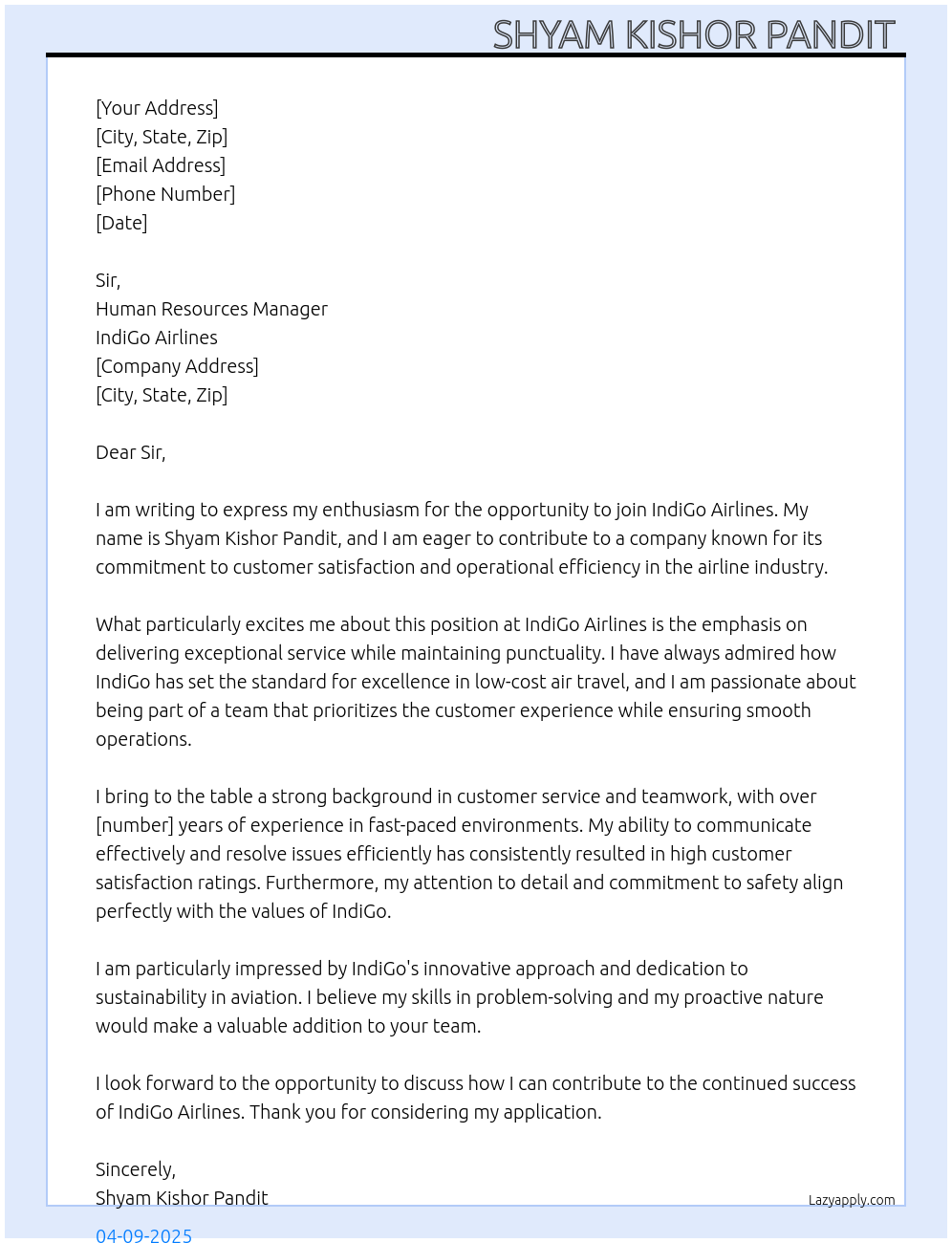 Airlines  At Indigo airlines  Cover Letter
