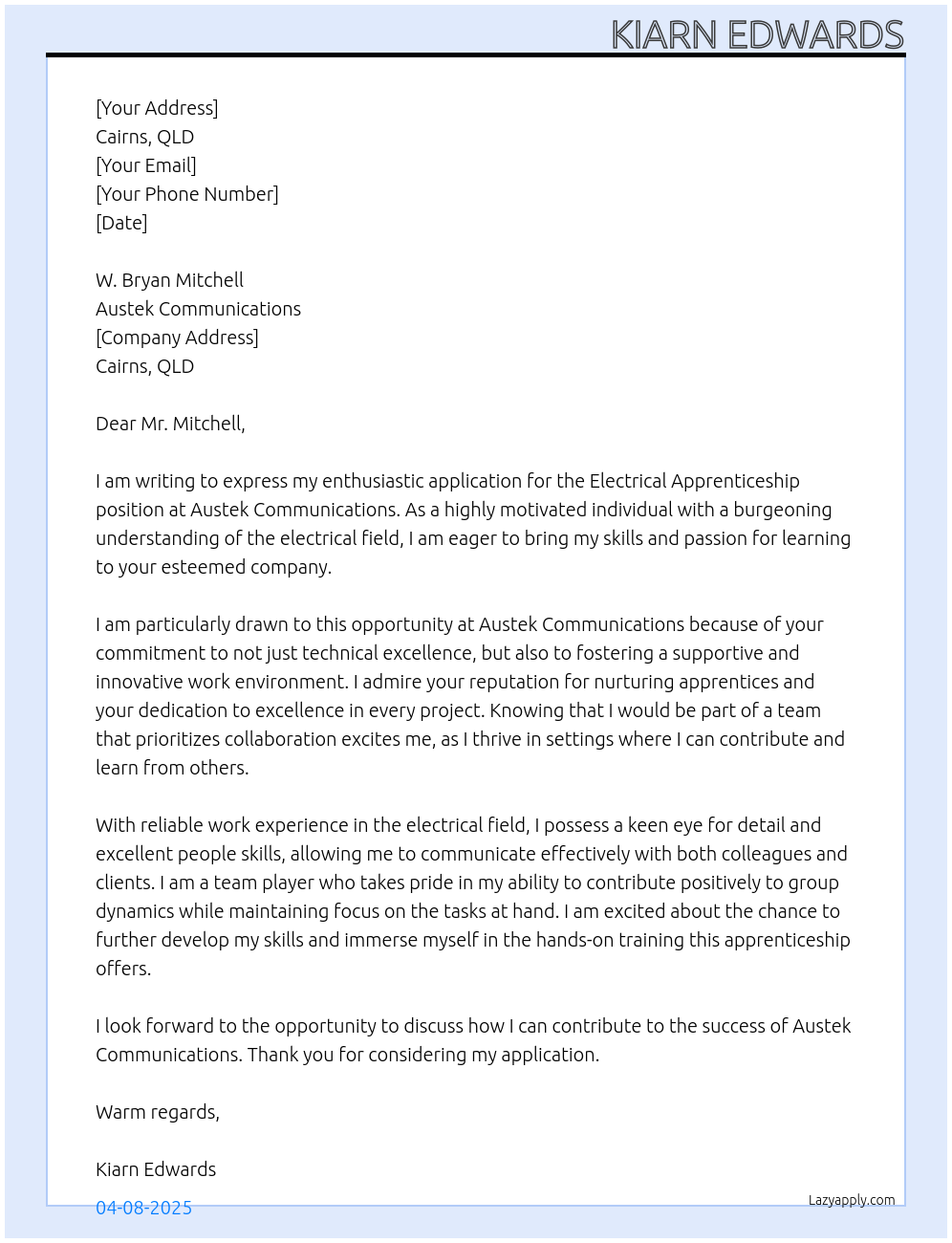 Cover letter for electrical apprentiship - LazyApply