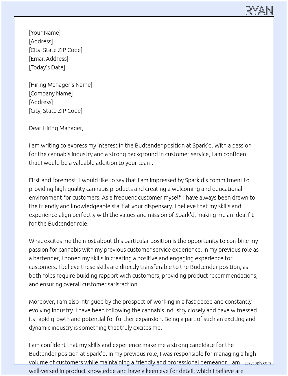 Budtender At Spark'd Cover Letter