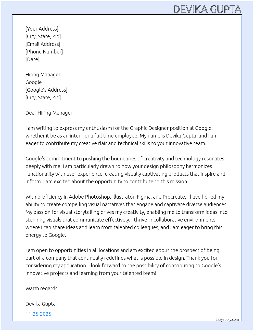 Graphic designer  At Google Cover Letter