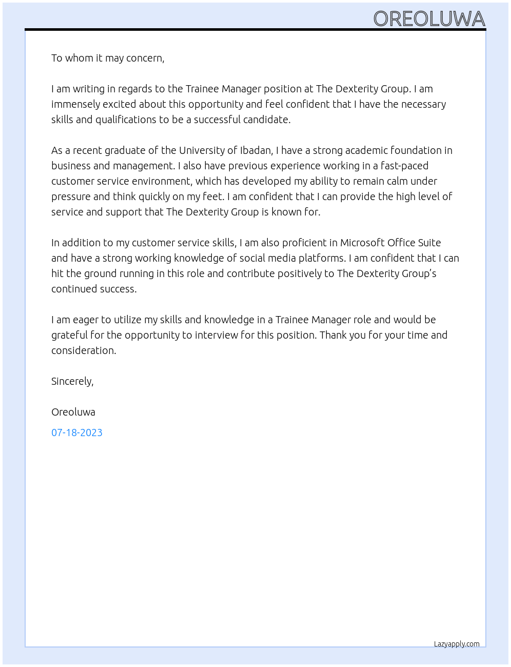 Trainee manager At The dexterity group Cover Letter