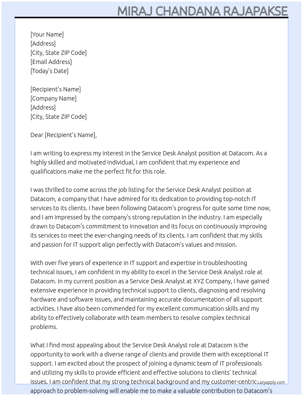 Service Desk Analyst At Datacom Cover Letter