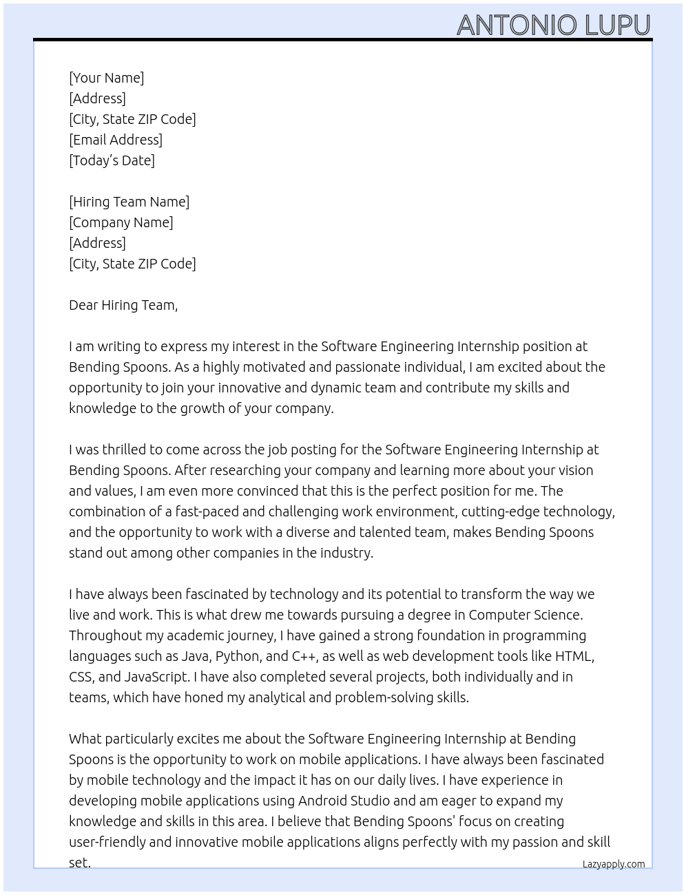 Software Engineering Internship At Bending Spoons Cover Letter