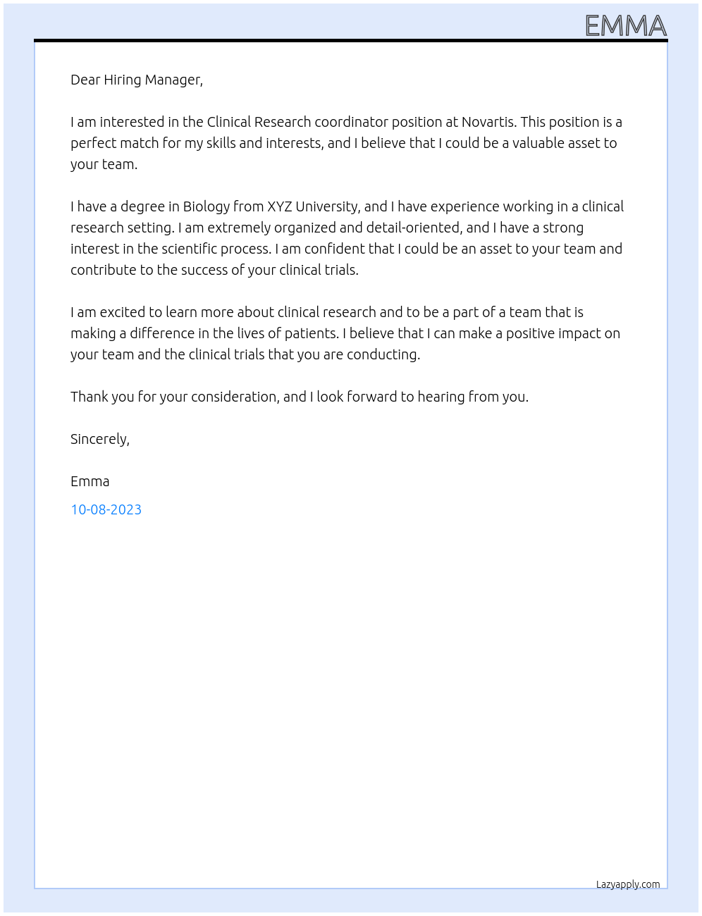 Clinical Research coordinator At Novartis Cover Letter