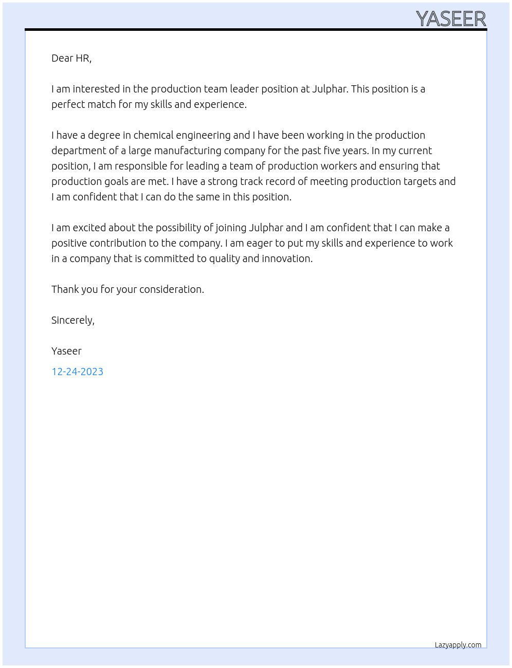Production Team Leader At Julphar Cover Letter