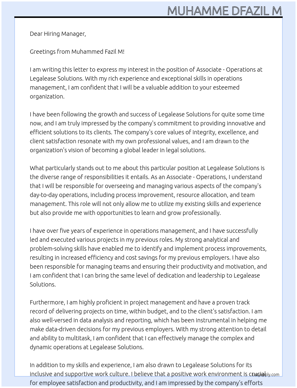 Associate - operations At Legalease Solutions Cover Letter