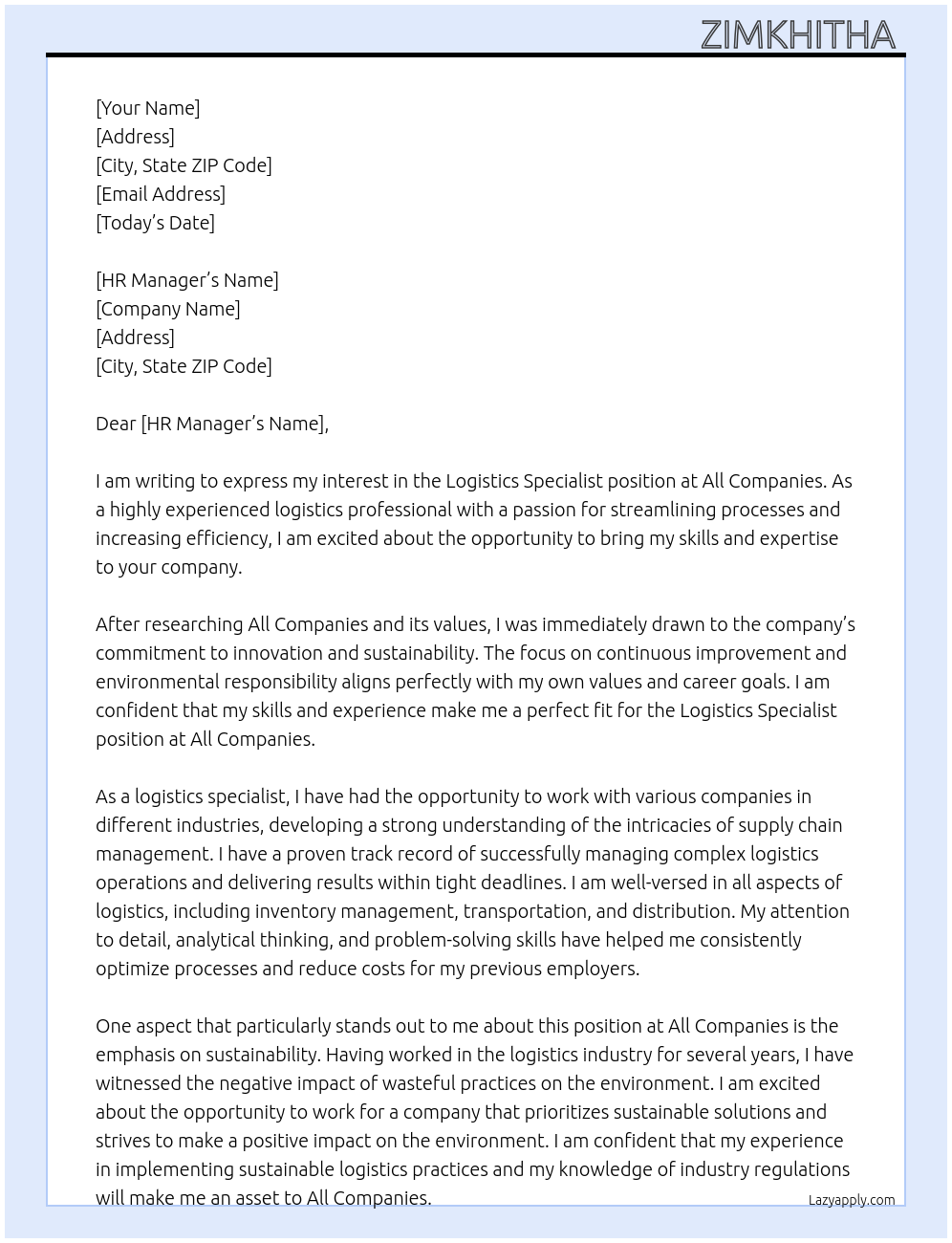 Logistics specialist At All companies Cover Letter